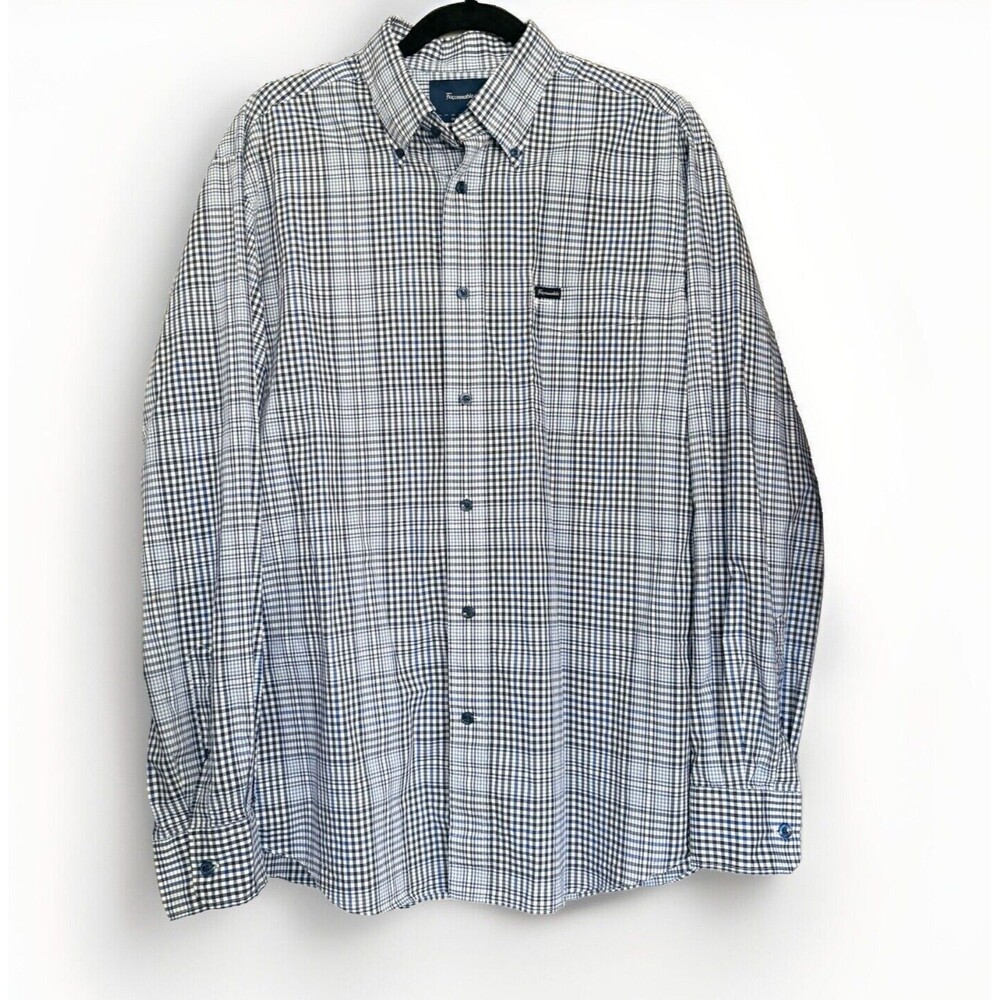 Faconnable Men’s Blue Plaid Long Sleeve Business Button Down Dress Shirt Size L